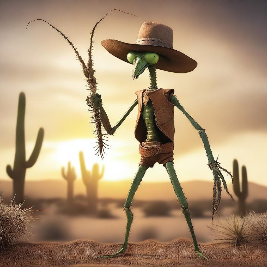 A humanoid praying mantis with four arms, dressed as a gunslinger in a wild west setting