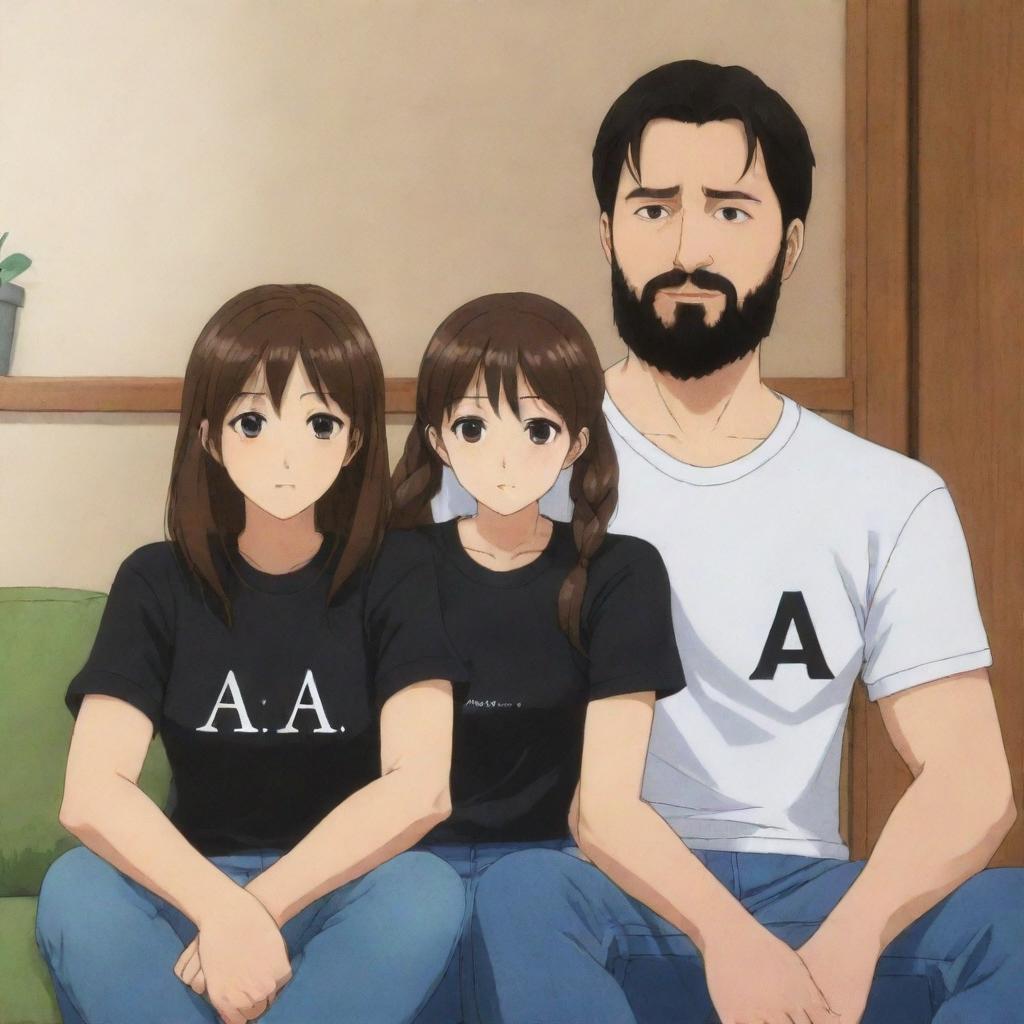 Anime-style depiction of a brown-haired girl sitting at home next to her husband, who has regular black hair and a black beard. They are both wearing shirts with the letter 'A' prominently displayed on the front