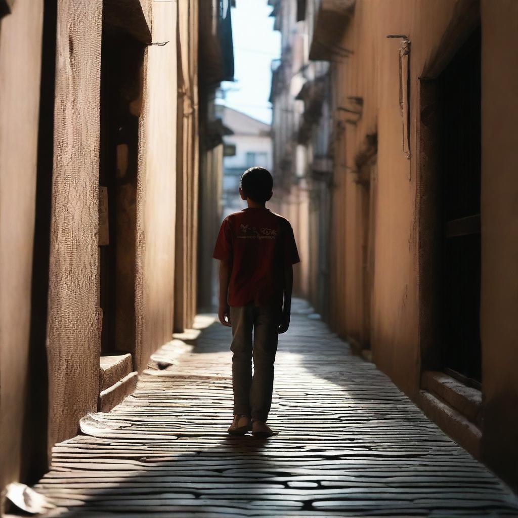 A boy walking by an alley with the name of the movie 'Nova Metrópole' written in blood on the wall