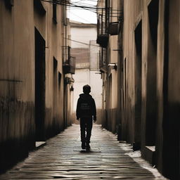 A boy walking by an alley with the name of the movie 'Nova Metrópole' written in blood on the wall