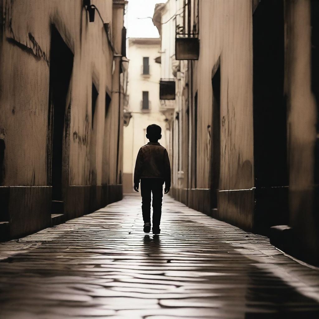 A boy walking by an alley with the name of the movie 'Nova Metrópole' written in blood on the wall