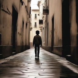 A boy walking by an alley with the name of the movie 'Nova Metrópole' written in blood on the wall