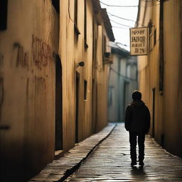 A boy walking by an alley with the name of the movie 'Nova Metrópole' written in blood on the wall