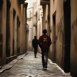 A teenage boy walking by an alley with the name of the movie 'Nova Metrópole' written in blood on the wall