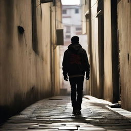 A teenage boy walking by an alley with the name of the movie 'Nova Metrópole' written in blood on the wall