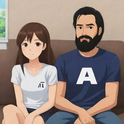 Anime-style depiction of a brown-haired girl sitting at home next to her husband, who has regular black hair and a black beard. They are both wearing shirts with the letter 'A' prominently displayed on the front