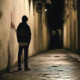 A teenage boy walking by an alley with the name of the movie 'Nova Metrópole' written in blood on the wall