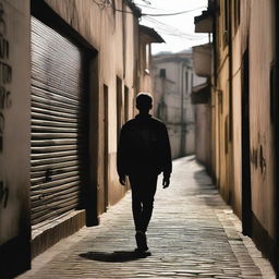 A teenage boy walking by an alley with the name of the movie 'Nova Metrópole' written in blood on the wall