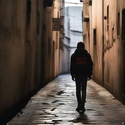 A teenage boy walking by an alley with the name of the movie 'Nova Metropole' written in blood on the wall