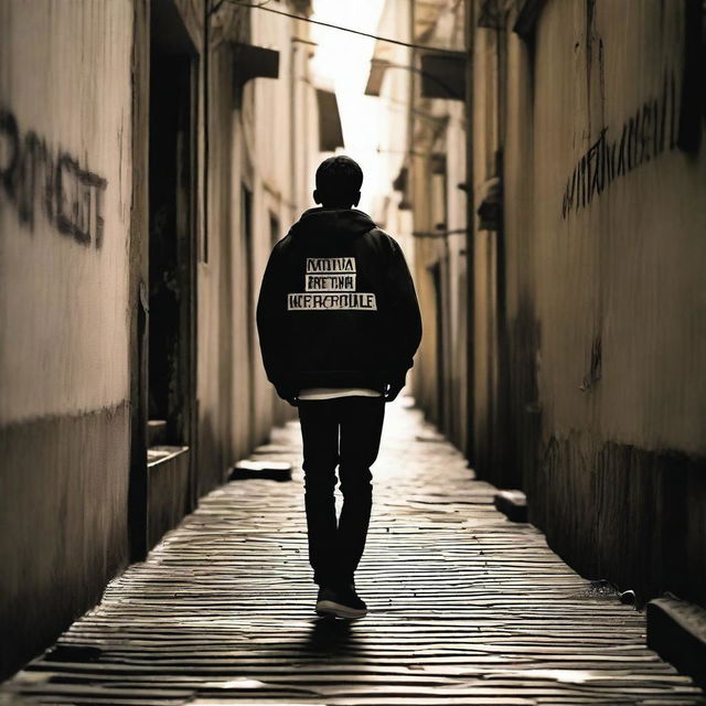 A teenage boy walking by an alley with the name of the movie 'Nova Metropole' written in blood on the wall