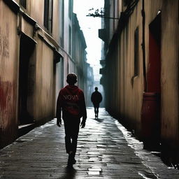 A teenage boy walking by an alley with the name of the movie 'Nova Metropole' written in blood on the wall