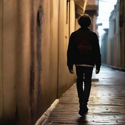 A teenage boy walking by an alley with the name of the movie 'Nova Metropole' written in blood on the wall