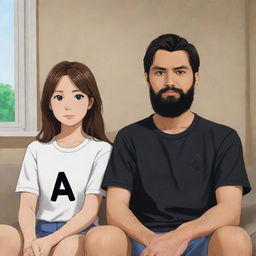 Anime-style depiction of a brown-haired girl sitting at home next to her husband, who has regular black hair and a black beard. They are both wearing shirts with the letter 'A' prominently displayed on the front