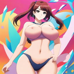 An anime-style woman with large breasts and a well-defined buttocks, wearing stylish clothing and set against a vibrant background