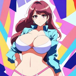 An anime-style woman with large breasts and a well-defined buttocks, wearing stylish clothing and set against a vibrant background