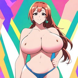 An anime-style woman with large breasts and a well-defined buttocks, wearing stylish clothing and set against a vibrant background