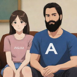 Anime-style depiction of a brown-haired girl sitting at home next to her husband, who has regular black hair and a black beard. They are both wearing shirts with the letter 'A' prominently displayed on the front