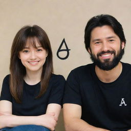 Anime-style image of a smiling brown-haired girl sitting next to her smiling husband with regular black hair and a black beard. Both are wearing shirts with the letter 'A' prominently displayed on the front