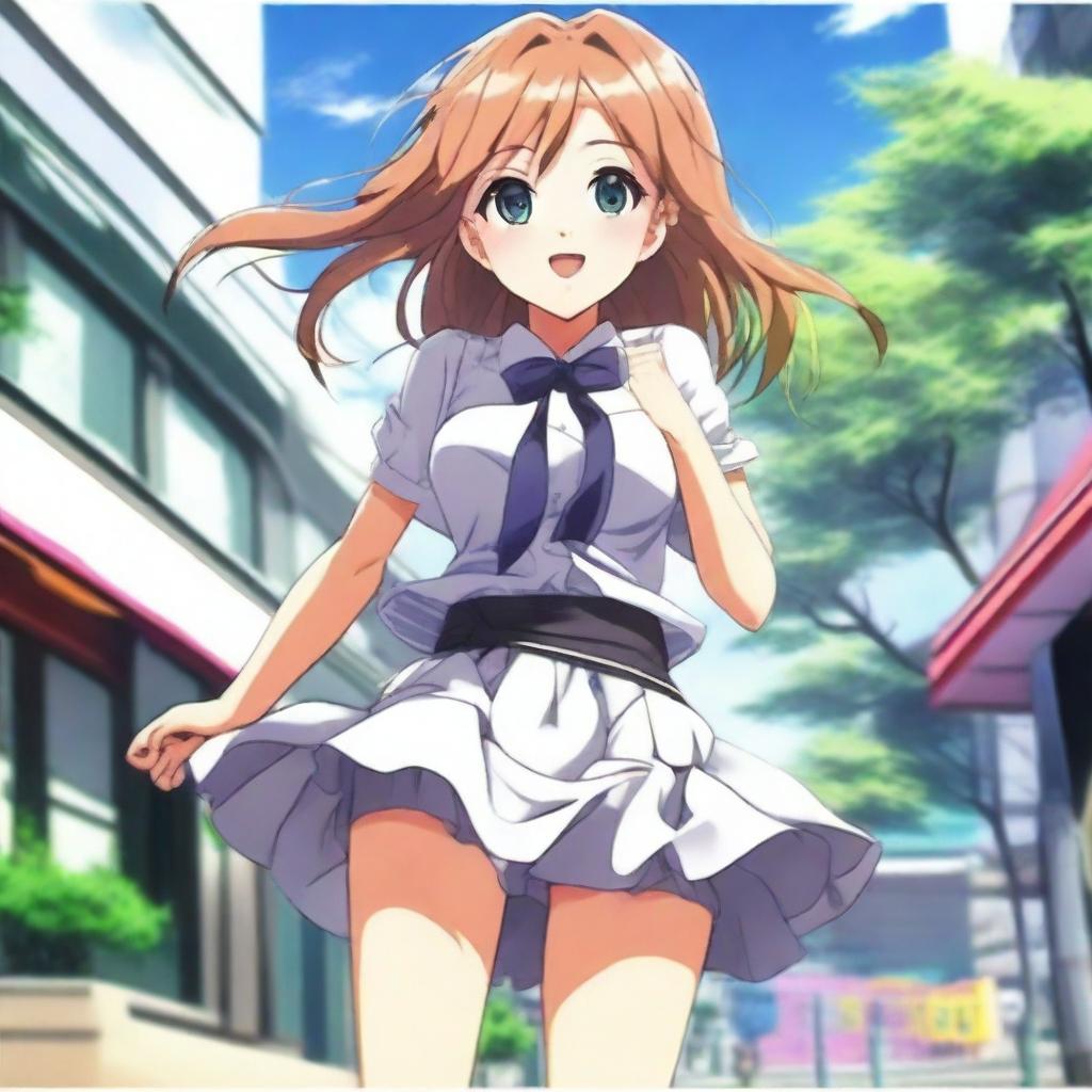 A strong wind blows the A-line miniskirt of a beautiful anime girl