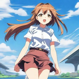 A strong wind blows the A-line miniskirt of a beautiful anime girl