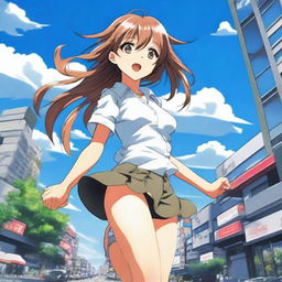 A strong wind blows the A-line miniskirt of a beautiful anime girl