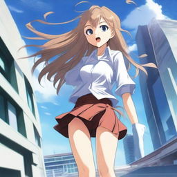 A strong wind blows the A-line miniskirt of a beautiful anime girl