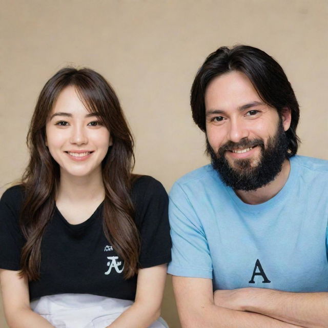 Anime-style image of a smiling brown-haired girl sitting next to her smiling husband with regular black hair and a black beard. Both are wearing shirts with the letter 'A' prominently displayed on the front