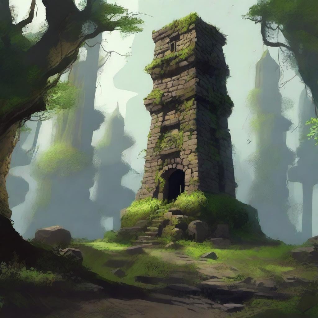 A squat stone tower rises from a dense forest, surrounded by ruined and overgrown buildings