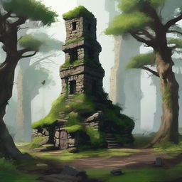 A squat stone tower rises from a dense forest, surrounded by ruined and overgrown buildings