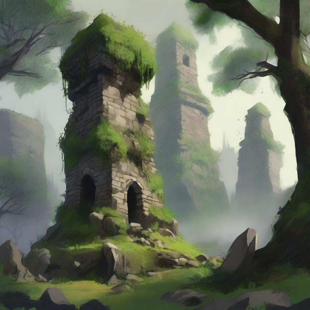 A squat stone tower rises from a dense forest, surrounded by ruined and overgrown buildings