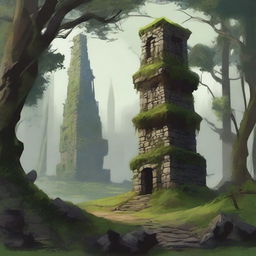 A squat stone tower rises from a dense forest, surrounded by ruined and overgrown buildings