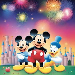 A colorful poster with a Disney theme, featuring iconic Disney characters like Mickey Mouse, Donald Duck, and Goofy