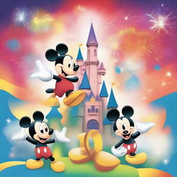 A colorful poster with a Disney theme, featuring iconic Disney characters like Mickey Mouse, Donald Duck, and Goofy