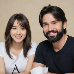 Anime-style image of a smiling brown-haired girl sitting next to her smiling husband with regular black hair and a black beard. Both are wearing shirts with the letter 'A' prominently displayed on the front