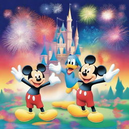 A colorful poster with a Disney theme, featuring iconic Disney characters like Mickey Mouse, Donald Duck, and Goofy