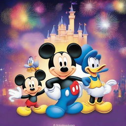 A colorful poster with a Disney theme, featuring iconic Disney characters like Mickey Mouse, Donald Duck, and Goofy