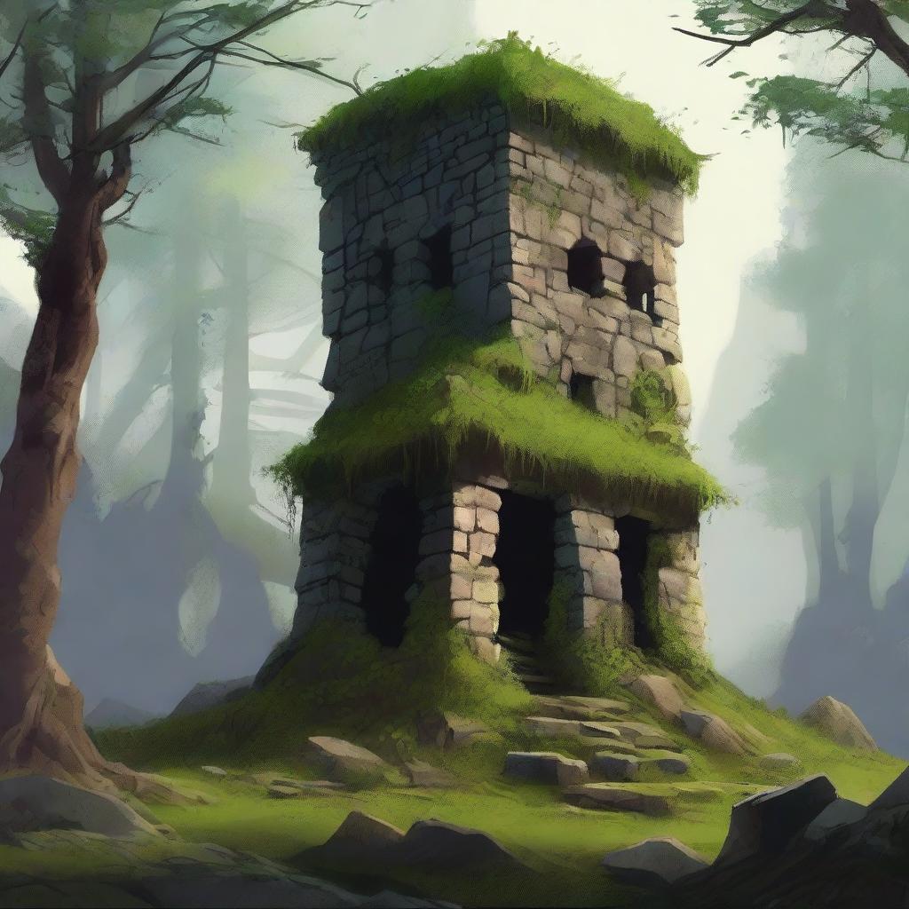 A squat stone tower rises from a dense forest, surrounded by ruined and overgrown buildings