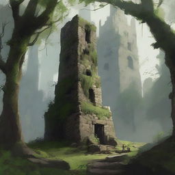 A squat stone tower rises from a dense forest, surrounded by ruined and overgrown buildings