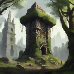 A squat stone tower rises from a dense forest, surrounded by ruined and overgrown buildings