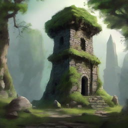 A squat stone tower rises from a dense forest, surrounded by ruined and overgrown buildings