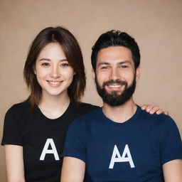 Anime-style image of a smiling brown-haired girl sitting next to her smiling husband with regular black hair and a black beard. Both are wearing shirts with the letter 'A' prominently displayed on the front