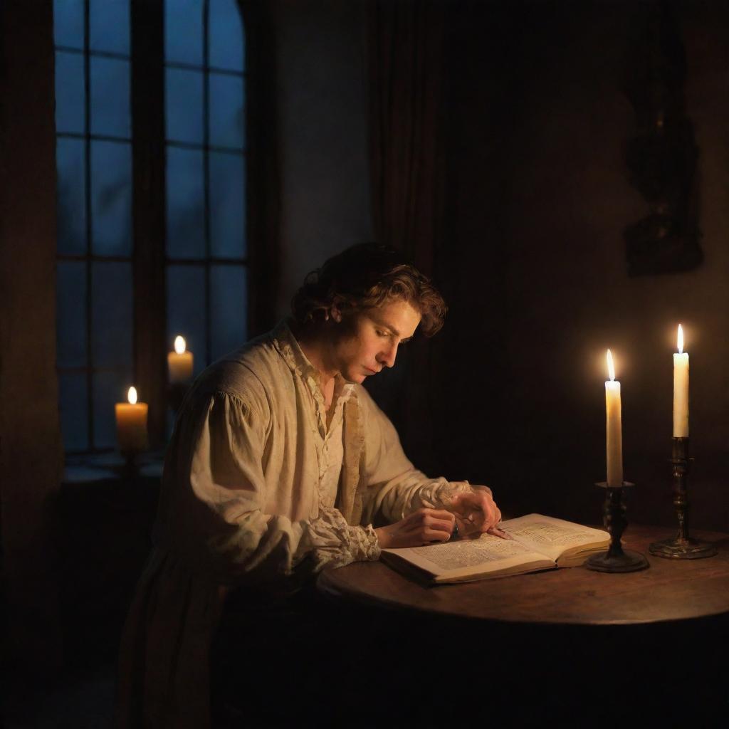 A young man reading a handwritten manuscript by candlelight, seated by a window, during a nighttime scene in a 17th-century room. Render it as an oil painting with a realistic style.