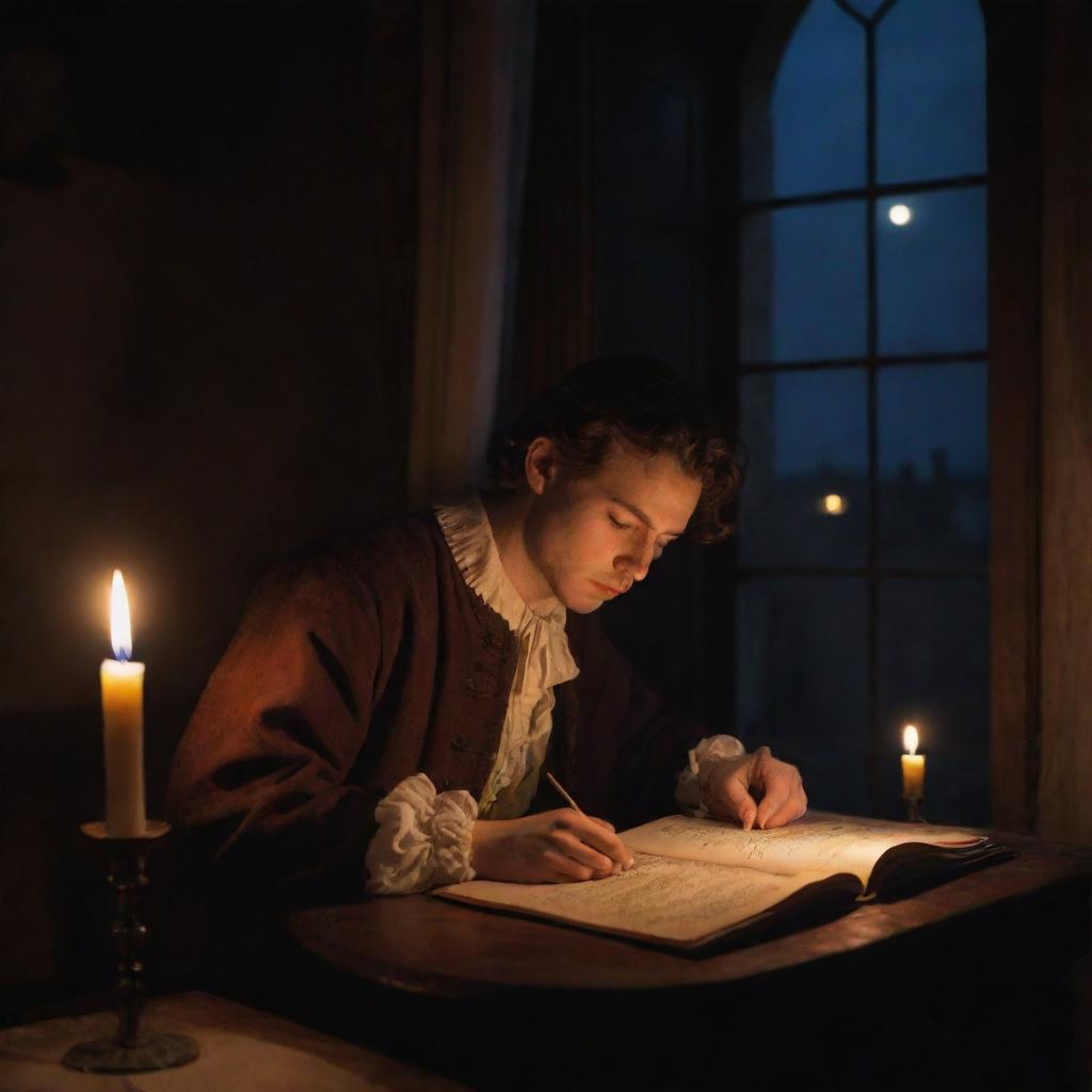 A young man reading a handwritten manuscript by candlelight, seated by a window, during a nighttime scene in a 17th-century room. Render it as an oil painting with a realistic style.