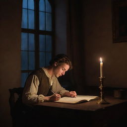 A young man reading a handwritten manuscript by candlelight, seated by a window, during a nighttime scene in a 17th-century room. Render it as an oil painting with a realistic style.