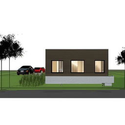 A modern home design for a 33ft x 48ft space, which includes a shop and a gate positioned on the front side. The architecture should have a contemporary feel with sleek lines and simplistic design features.