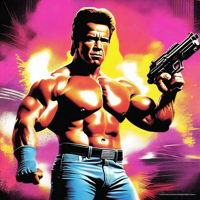 Create an eighties-style movie poster featuring Arnold Schwarzenegger and Jose Coronado