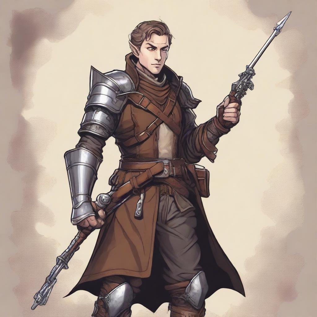 A detailed illustration of a half-elf artificer, dressed in a mix of leather and metal armor, holding a musket