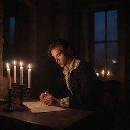 A young man reading a handwritten manuscript by candlelight, seated by a window, during a nighttime scene in a 17th-century room. Render it as an oil painting with a realistic style.