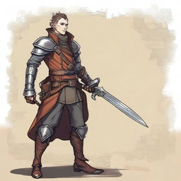 A detailed illustration of a half-elf artificer, dressed in a mix of leather and metal armor, holding a musket