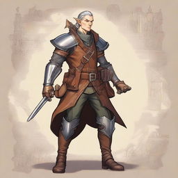 A detailed illustration of a half-elf artificer, dressed in a mix of leather and metal armor, holding a musket